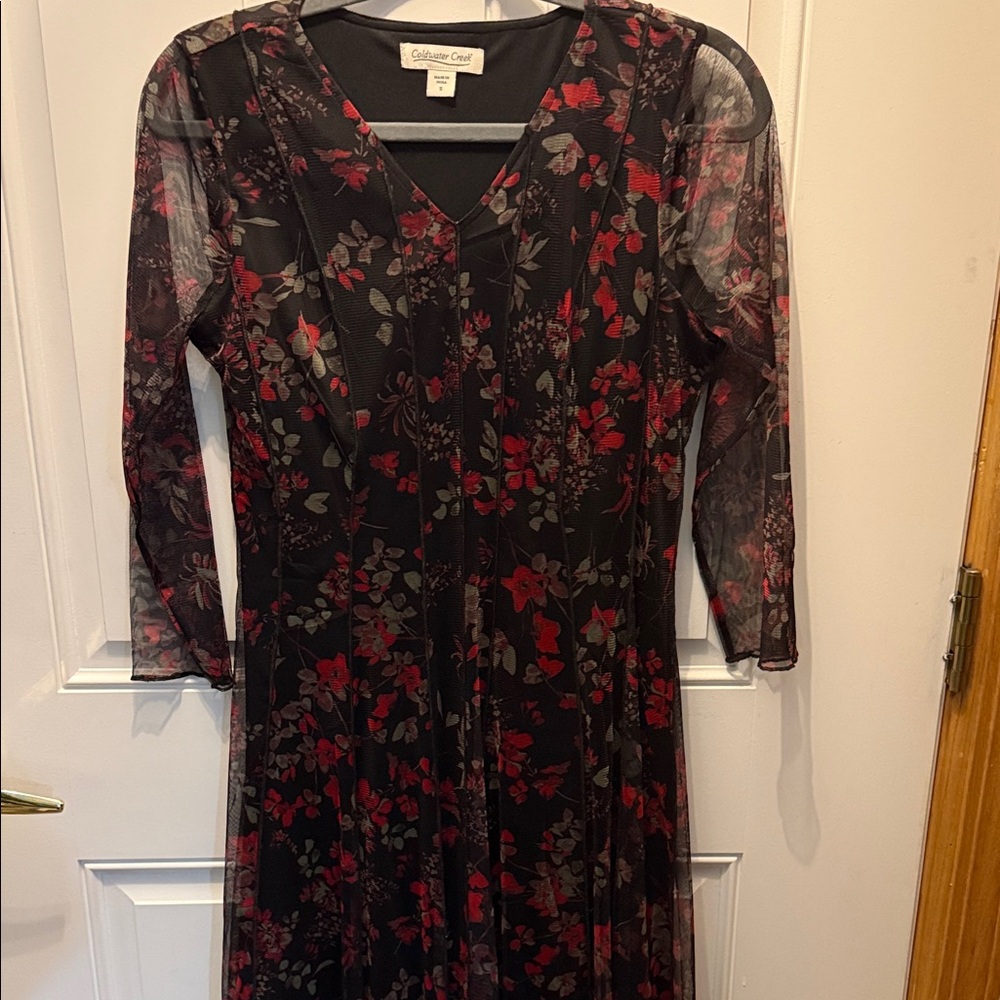 Coldwater Creek Black Mesh Dress with Red and Olive Floral Print